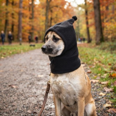 Bonnet chien noir cagoule grand chien forêt automne promenade