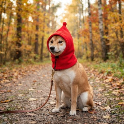 Bonnet chien rouge polaire cagoule Shiba Inu forêt automne