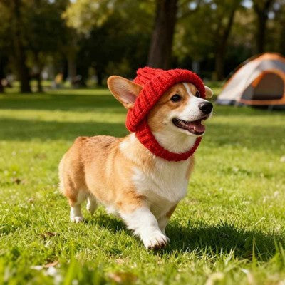 bonnet pour chien rouge corgi parc ensoleillé camping été