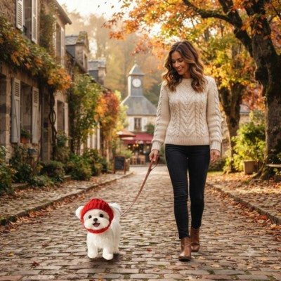 bonnet pour chien rouge tricoté promenade automne village femme