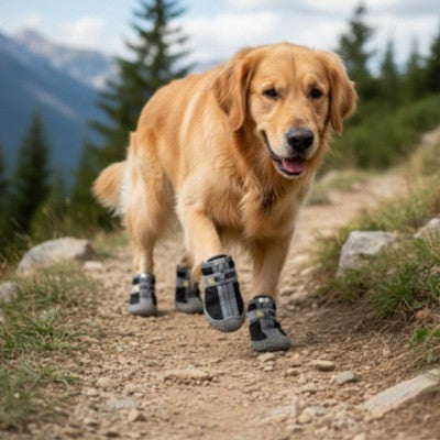 Bottes chien Golden Retriever randonnée montagne sentier rocailleux sapins