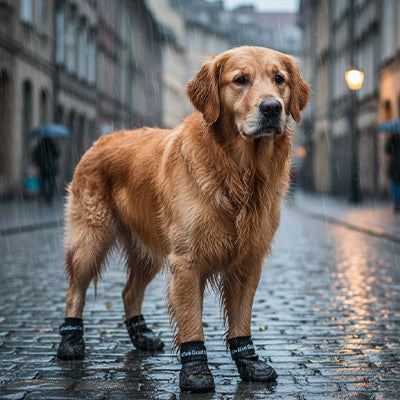 Bottes Chien Noir Golden Retriever Pavé Rue Pluie Ville