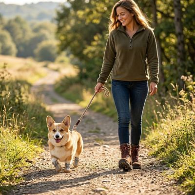 Bottes chien promenade nature laisse Corgi sentier campagne femme