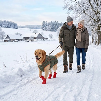 Bottes chien rouge golden retriever neige hiver balade couple