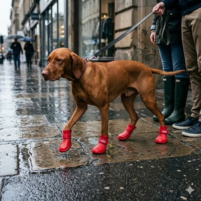 Bottes Chien Rouge Imperméables Vizsla Trottoir Pluie Ville Promenade