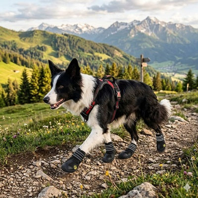 bottes pour chien border collie harnais trail alpin sentier rocailleux été