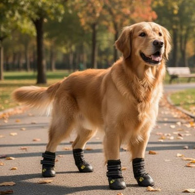 bottes pour chien golden retriever allée parc automne lumière chaude seul