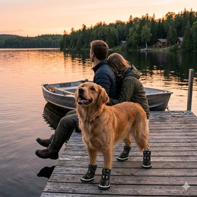 Bottes pour Chien Golden Retriever Ponton Lac Coucher Soleil Couple