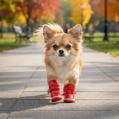 Bottes pour Chien Rouges Chihuahua Poil Long Parc Automne Allée