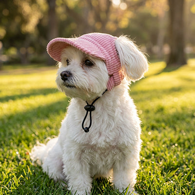 Casquette chien bichon blanc rose pelouse parc soleil été