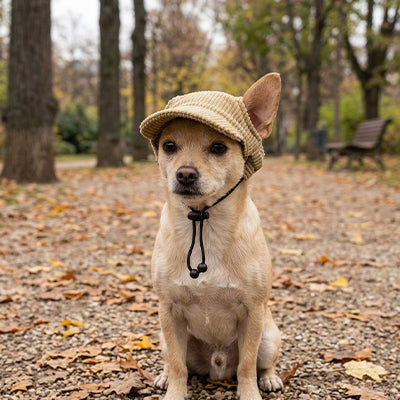 Casquette chien Chihuahua beige parc automne feuilles arbres banc
