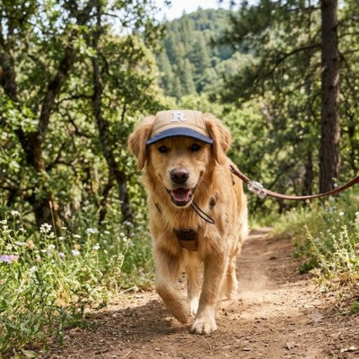 casquette chien golden retriever kaki bleu laisse sentier foret trot