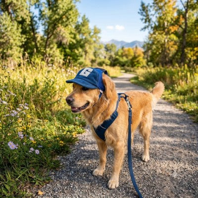 casquette pour chien golden retriever sentier montagne harnais bleu nature