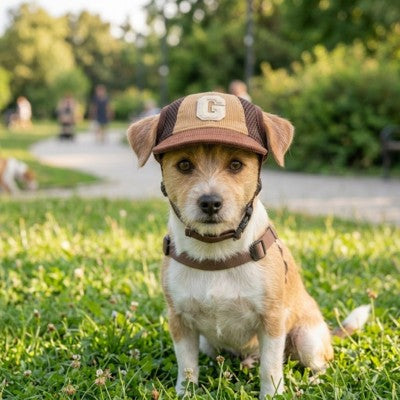 casquette pour chien Jack Russell beige parc gazon portrait assis