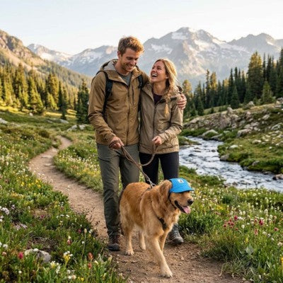 casquettes pour chiens bleues couple golden retriever randonnée montagne rivière