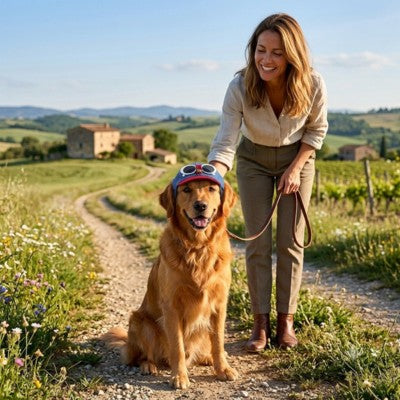 Casquettes pour chiens golden retriever balade campagne maîtresse