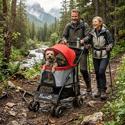 chariot chien montagne sentier boue couple randonnée border terrier rouge