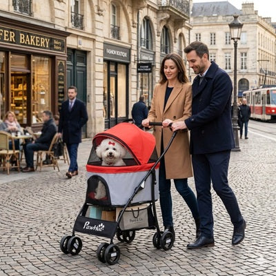 chariot chien paris rue pavée couple chic bichon rouge blanc
