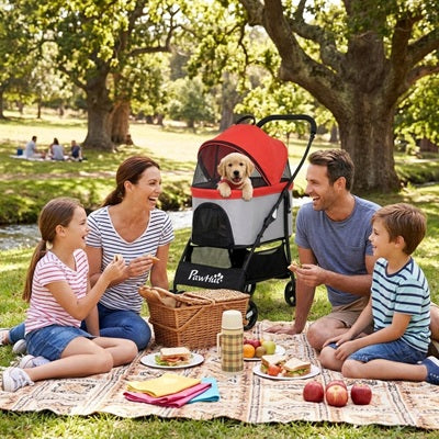 chariot chien pique nique parc famille labrador chiot rouge blanc