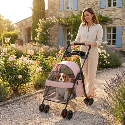 chariot chien pliable rose jardin provençal cavalier king charles lavande