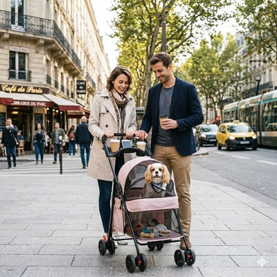 chariot chien pliable rose pâle couple promenade ville Paris cocker