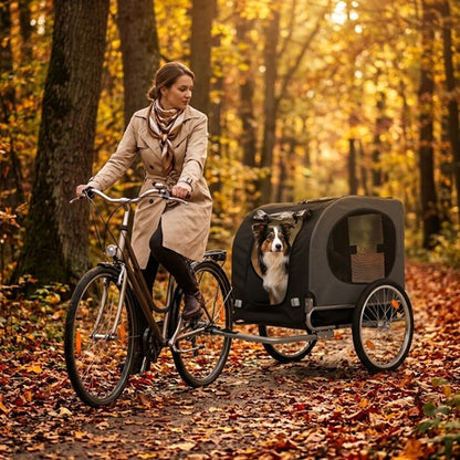 Chariot chien vélo noir balade cycliste forêt automne