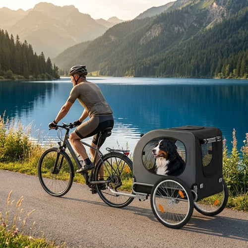 Chariot chien vélo noir balade lac montagne