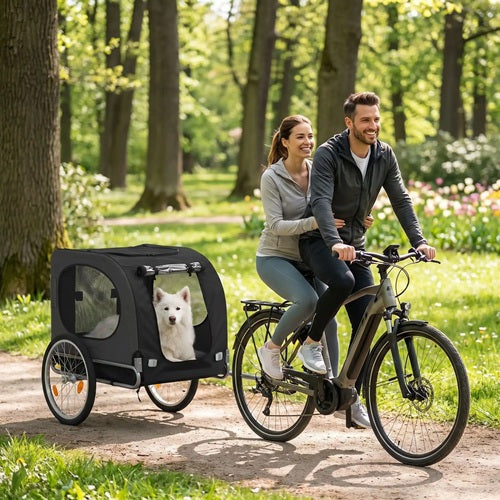 Chariot chien vélo noir chien blanc balade couple parc fleuri