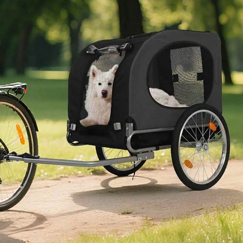 Chariot chien vélo noir chien blanc vue rapprochée parc