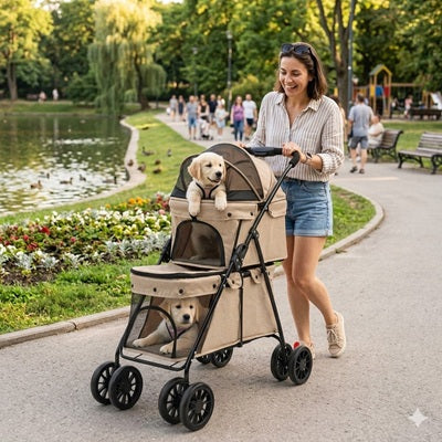chariot pour chien double 2 niveaux beige parc femme golden retriever chiots