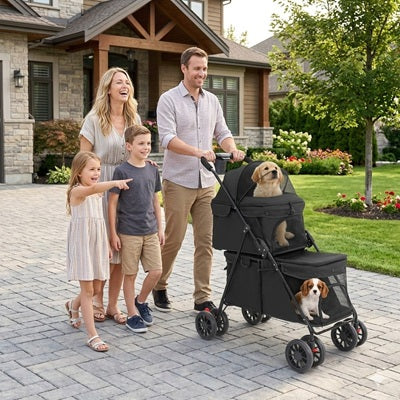 chariot pour chien double 2 niveaux noir famille enfants golden cavalier