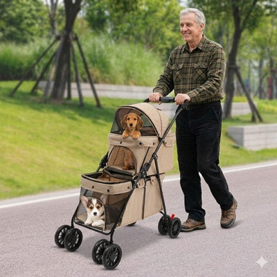 chariot pour chien double 2 niveaux senior promenade beige teckel corgi