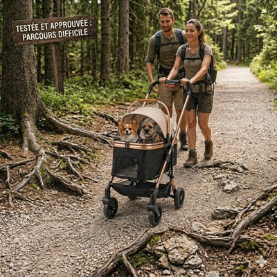 chariot pour chien forêt sentier difficile deux chiens couple randonnée