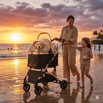 chariot pour chien plage coucher soleil golden retriever famille promenade