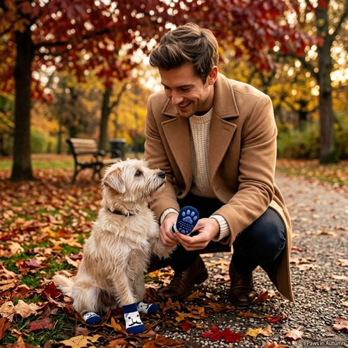 Chaussette chien bleue blanche avec maître dans parc en automne