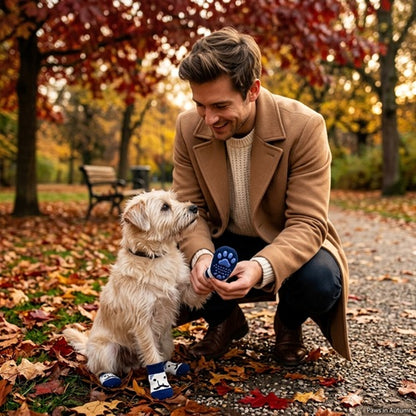 Chaussette chien bleue blanche avec maître dans parc en automne