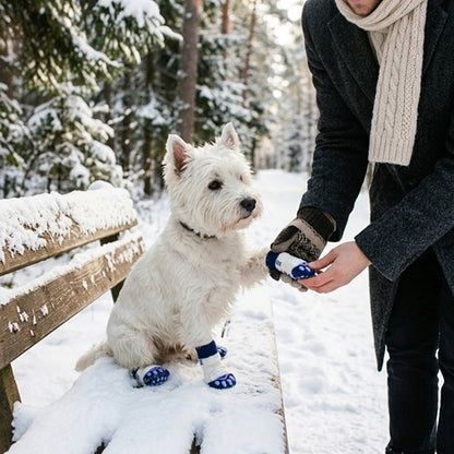 Chaussette chien bleue blanche habillage sur banc enneigé en forêt