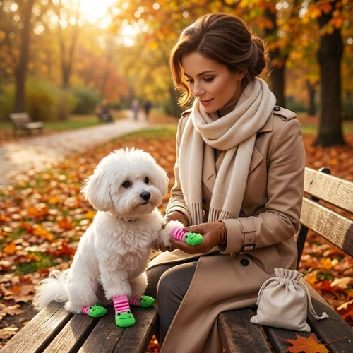 Chaussette chien rose verte avec maîtresse sur banc parc automne