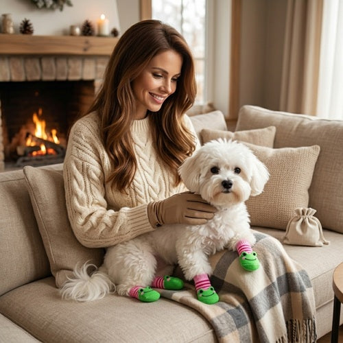 Chaussette chien rose verte avec maîtresse sur canapé près cheminée
