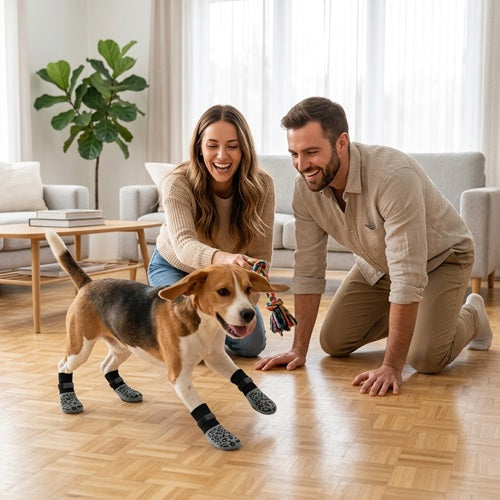 Chaussette chiens Beagle jouant avec ses maîtres sur le parquet intérieur