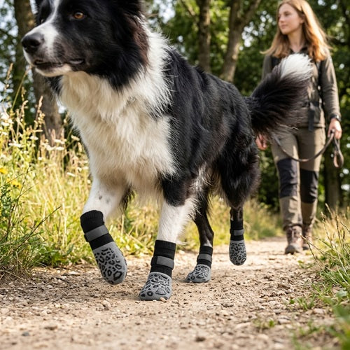 Chaussette chiens Border Collie en promenade sur sentier avec sa maîtresse