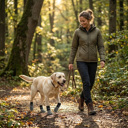 Chaussette chiens Labrador en promenade en forêt avec sa maîtresse automne