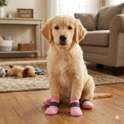 Chaussette pour chien rose chiot Golden Retriever parquet salon jouets