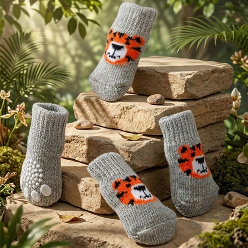 chaussettes chien grises motif tigre tricot semelles antidérapantes pierres jungle lot