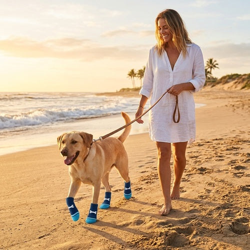 chaussettes chien labrador bleues balade plage sable maîtresse coucher soleil laisse