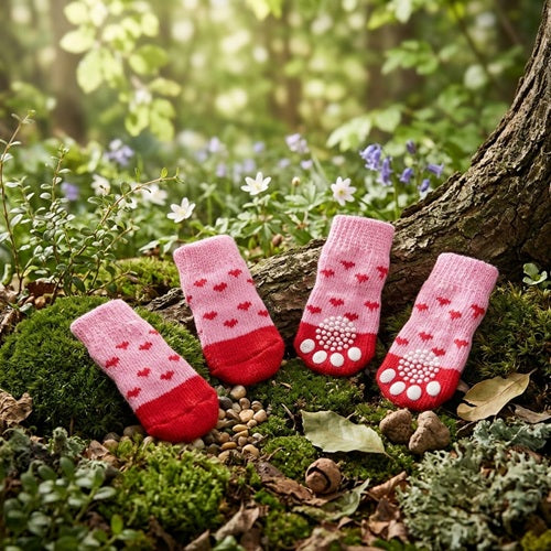 chaussettes chien roses motif cœurs rouges semelles antidérapantes mousse arbre lot