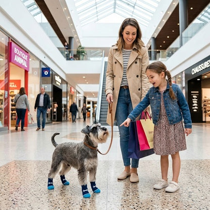 chaussettes chien schnauzer bleues balade centre commercial mère fille laisse intérieur