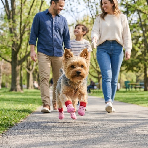 chaussettes chien yorkshire terrier roses course parc printemps famille allée soleil