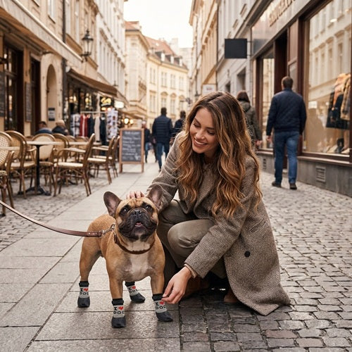 Chaussettes chiens neige noires bouledogue français avec maîtresse sur rue pavée