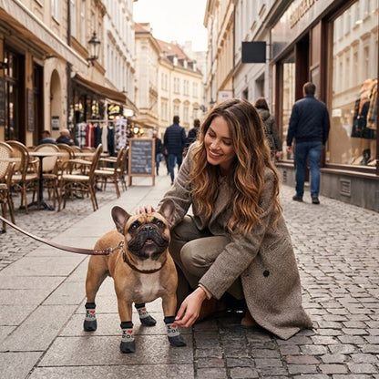 Chaussettes chiens neige noires bouledogue français avec maîtresse sur rue pavée